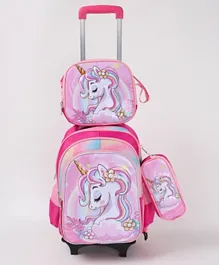 Stylish Unicorn Trolley Backpack School Kit, Multiple Compartments, Lunch Bag, Pencil Pouch 17 Inches 5 Years+ - Pink