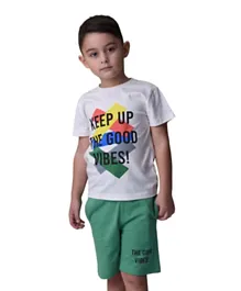 Victor and Jane Cotton Good Vibes Graphic T-Shirt & Shorts Set - Off White/Green