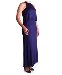 Mama Basics Double Layer Long Maternity Nursing Dress - Navy Medium