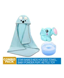 Star Babies Combos Pack Of 3 Hooded Towel, Powder Puff, Kettle Toy- Blue