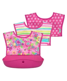 Green Sprouts Snap & Go Silicone Food Catcher Bib Pack of 3 - Pink Flower Field