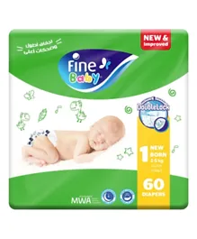 Fine Baby Medium Size 1 Diapers, 2-5kg, 60ct - Leak Barriers, Wetness Indicator, Stretch Waist