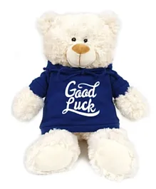 Fay Lawson Cream Bear with Good Luck Print on Blue Hoodie - 38cm