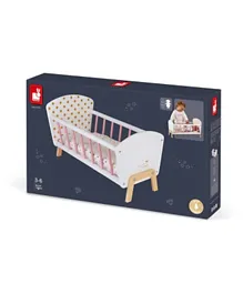 Janod Candy Chic Bed Wooden Baby Doll’s Bed With Mattress + Blanket + Pillow - Soft Shiny Colours