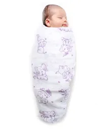 Kaarpas Premium Organic Cotton Muslin Baby Wrap Swaddle With Animal Theme Of Elephants - Medium