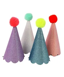 Meri Meri Glitter Party Hats With Pom Poms  Pack of 8 - Mutlicolour