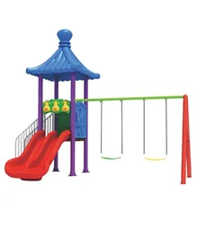 Megastar Pavilion Playset With Double Swings And Double Slides & Steps For Kids - Multicolour