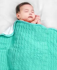 Babyhug Premium Cotton Knitted and Fur Solid Blanket - Green