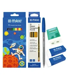 Maxi 12 Pc Triangular Colour Pencils + Maxi 12 Classic Black + Sharpener + Eraser + Ball Pen