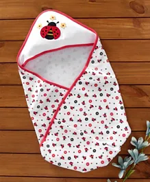 Babyhug Interlock Hooded Swaddle Wrapper Ladybug Print - Red and Navy Blue