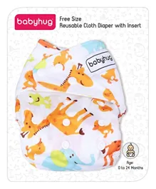 Babyhug Free Size Reusable Cloth Diaper With Insert Animal Print - White Yellow