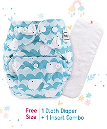 Babyhug Free Size Reusable Cloth Diaper With Insert Whale Print - Blue