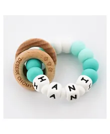 Desert Chomps Personalized Silicone & Wooden Rattle Teether Ringlet - Aqua