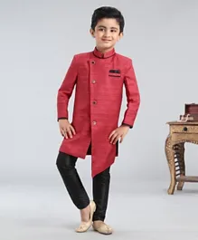 Babyhug Full Sleeves Asymmetric Style Solid Sherwani With Pocket Square - Red