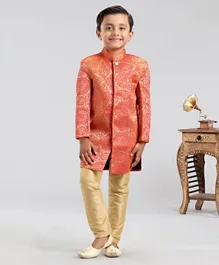 Babyhug Full Sleeves Abstract Woven Sherwani - Golden Orange