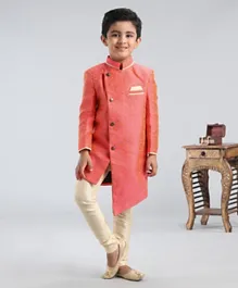 Babyhug Full Sleeves Asymmetric Style Solid Sherwani With Pocket Square - Orange