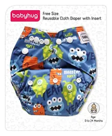 Babyhug Free Size Reusable Cloth Diaper With Insert Monster Print - Blue