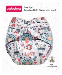 Babyhug Free Size Reusable Cloth Diaper With Insert Paris Print - White