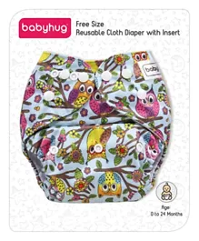 Babyhug Free Size Reusable Cloth Diaper With Insert Owl Print - Blue