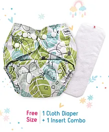 Babyhug Free Size Reusable Cloth Diaper With Insert Leaves Print - White