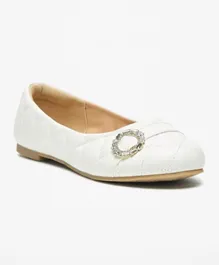 Little Missy Quilted Round Toe Embellished Accent Ballerina Shoe - White