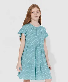 Neon Polka Dot Flared Sleeves Tiered Dress - Blue
