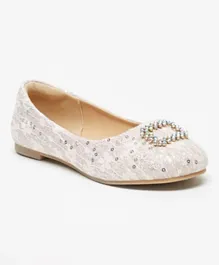 Little Missy Embellished Slip On Round Toe Ballerina Shoes - Beige