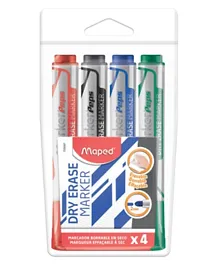 Maped Jumbo Dry Erase Markers, Bullet Tip, Low Odor, Multi-Surface Writing, 4-Pack, Assorted Colors - 3+ Years