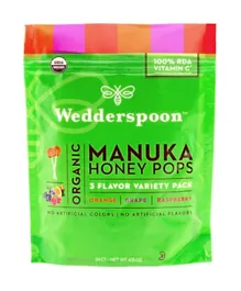 Wedderspoon Organic Manuka Honey Lollipops Variety Pack - Raspberry, Orange, Grape Flavors, No Artificial Colors/Flavors, 24ct