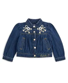 Original Marines Puffed Sleeves Embroidered and Sequins Bow Detail Petite Denim Jacket - Blue