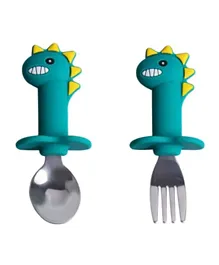 Brain Giggles Short Handle Stainless Steel Baby Training Fork & Spoon Set - Dinosaur