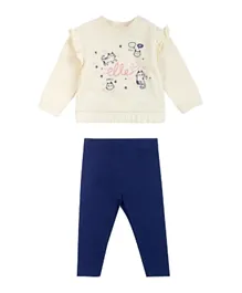 Elle Cat Graphic Crew Neck Sweatshirt and Leggings Set - Cream & Blue