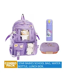 Star Babies Back To School School Backpack + Water Bottle + Lunch Box Combo Set Lavender - 10 Inches