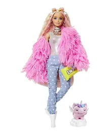 Barbie Extra Doll 3 In Fluffy Pink Jacket With Unicorn Pig - 30.48cm