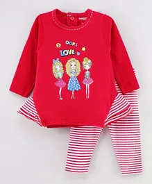 Cucumber Full Sleeves Frock With Leggings Doll Print - Red