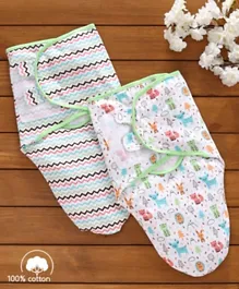Babyhug 100% Cotton Swaddle Wrapper Printed Set of 2 - White and Green