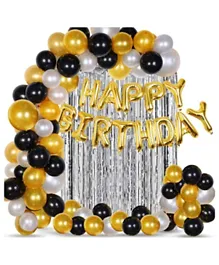 Party Propz Happy Birthday Metallic Golden & Black Combo with Silver Curtain - Pack of 53