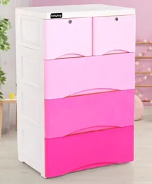 Babyhug 5 Compartment Chest of Drawers with Wheels - Pink and White