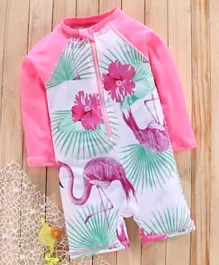 Babyhug Full Sleeves Legged Swim Suit Flamingo Print - Pink