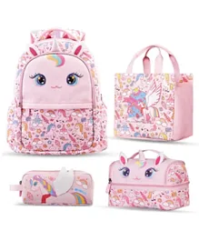 نوهوو - مجموعة حقائب للأطفال مع حقيبة غداء وحقيبة يد وحافظة أقلام  بتصميم يونيكورن وردي - 16 بوصة