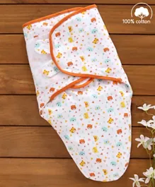 Babyhug Cotton Swaddle Wrapper Bear Print -  Orange and White