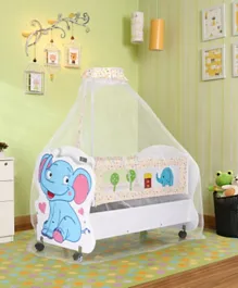 Babyhug Little Elephant Wooden Cradle with Wheels and Mosquito Net - Blue and White