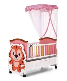 Babyhug Tiger Cub Wooden Cradle with Wheels - Pink White