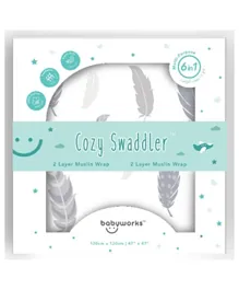 Babyworks 6 in 1 Cozy Swaddler 2 Layer Muslin Wrap - Grey Feather
