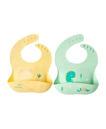 Pixie Silicone Bibs 2-Pack - Waterproof, Adjustable, BPA Free Bunny & Dinosaur Multicolour for Babies & Toddlers 6M+