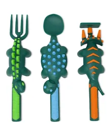 Eazy Kids Dinosaur Themed Cutlery Set - Spoon, Fork & Pusher, Dark Green for Self-Feeding, Safe Food-Grade Material - 3pcs