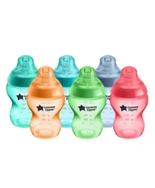 زجاجات أطفال كلوزر تو نيتشر ذات تدفق بطيء من تومي تيبي مع صمام مضاد للمغص متعدد الألوان حزمة من 6 - 260مل