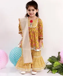 Little Bansi Full Sleeves Floral Print Kurta With Chevron Sharara & Dupatta - Yellow