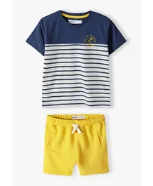 Minoti Striped T-Shirt and Fleece Short Set - Blue & Yellow