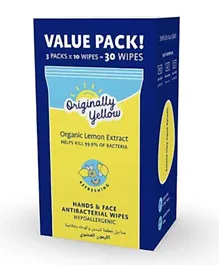 Originally Yellow Hand & Face Wipes Natural Lemon Value Pack of 3 - 30 Wipes